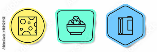 Set line Cheese, Cottage cheese and Paper package for kefir. Colored shapes. Vector