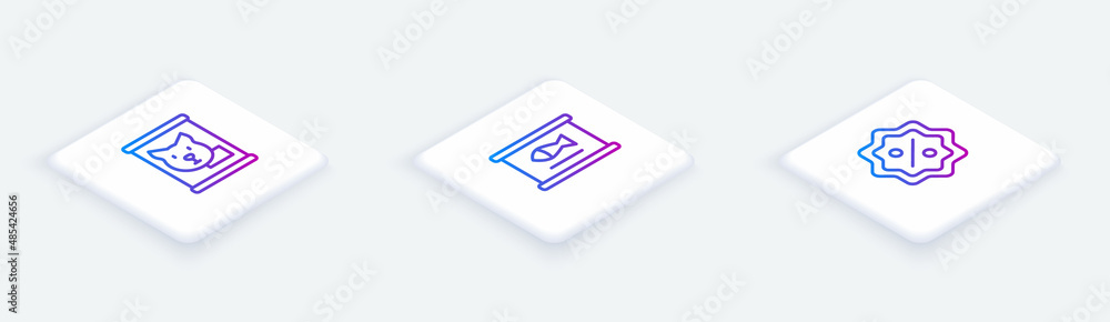 Set Isometric line Canned food, fish and Discount percent tag. White square button. Vector Set Isometric line Canned food, fish and Discount percent tag. White square button. Vector