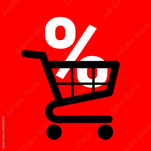 Trolley and shopping cart with symbol of percentage - Basket of goods and inflation or Goods on sale and discount. Vector illustration isolated on plain red.