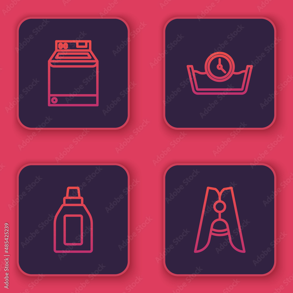 Set line Washer, Bottle for cleaning agent, Time wash and Clothes pin. Blue square button. Vector Set line Washer, Bottle for cleaning agent, Time wash and Clothes pin. Blue square button. Vector