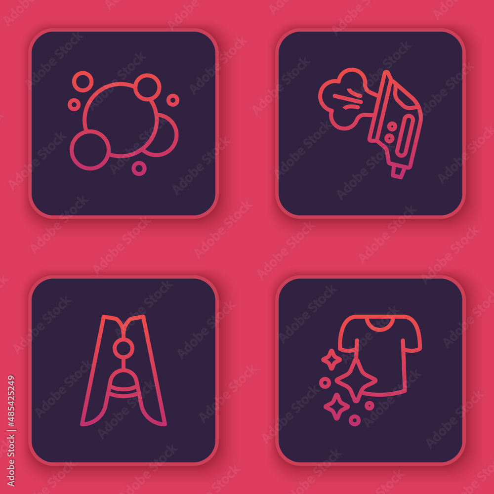 Set line Soap water bubbles, Clothes pin, Electric iron and Drying clothes. Blue square button. Vector Set line Soap water bubbles, Clothes pin, Electric iron and Drying clothes. Blue square button. Vector