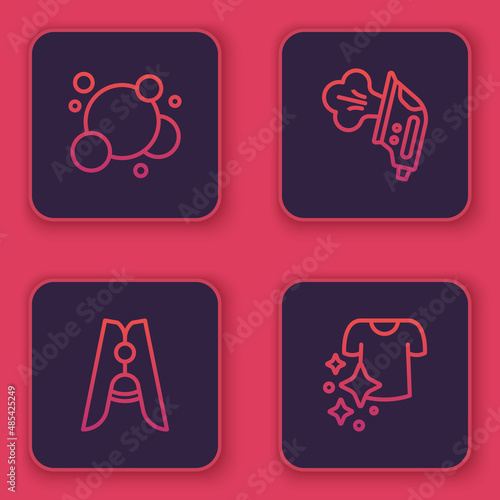 Set line Soap water bubbles, Clothes pin, Electric iron and Drying clothes. Blue square button. Vector