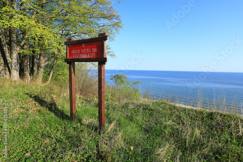 Sign of Kashubian cliffs Natura 2000 area reserve at Jastrzebia Gora, most nothern point in Poland