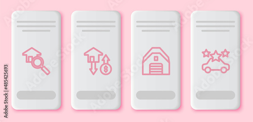 Set line Search house, House with dollar, Garage and Car sharing. White rectangle button. Vector