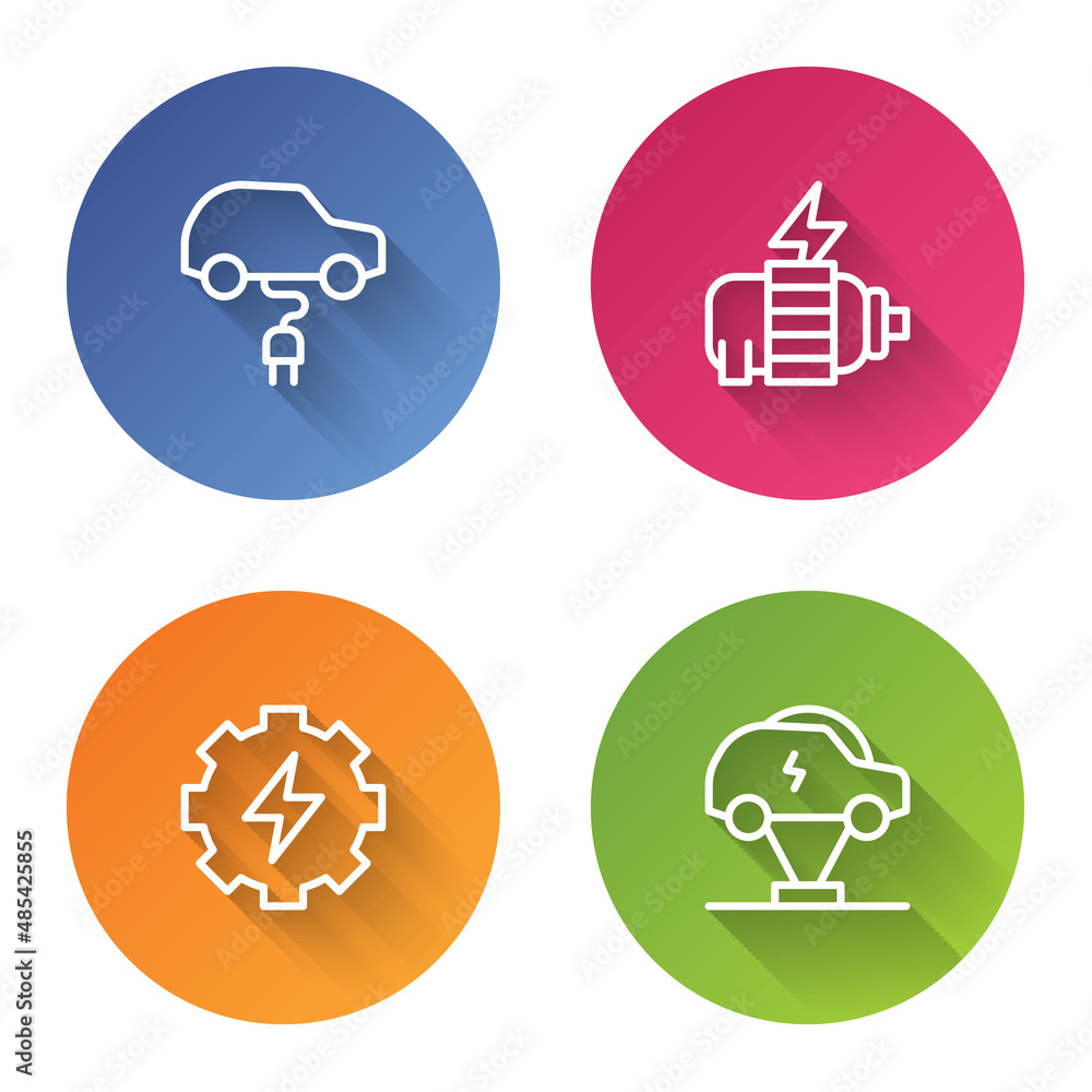 Set line Electric car, motor, Gear and lightning and . Color circle button. Vector