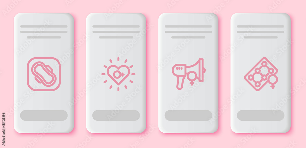 Set line Sanitary napkin, Feminism, Feminist activist and Packaging of birth control pills. White rectangle button. Vector