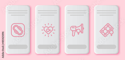 Set line Sanitary napkin, Feminism, Feminist activist and Packaging of birth control pills. White rectangle button. Vector