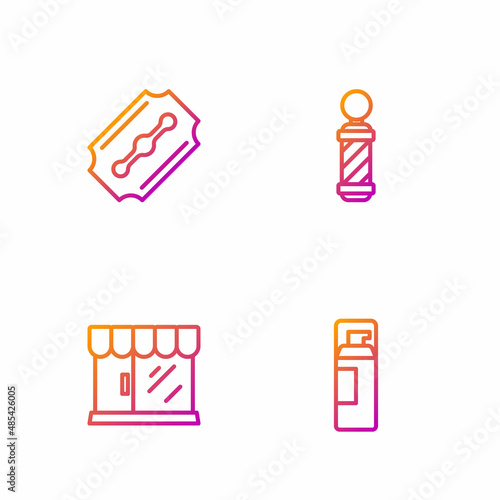 Set line Shaving gel foam, Barbershop building, Blade razor and Classic pole. Gradient color icons. Vector