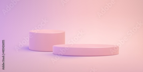 Pink background with realistic 3d podiums. Minimal soft scene with standing cylindrical pedestal in pink light. Modern presentation, sale, display of products. Vector illustration