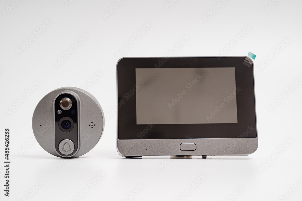 electronic door peephole with call button and screen on a white background. electronic door peephole with call button and screen on a white background.