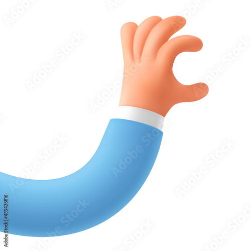 3D render of a cartoon character hand. Elastic hand holding gesture with an empty space between fingers. Realistic vector icon template in a modern design style isolated on a white background