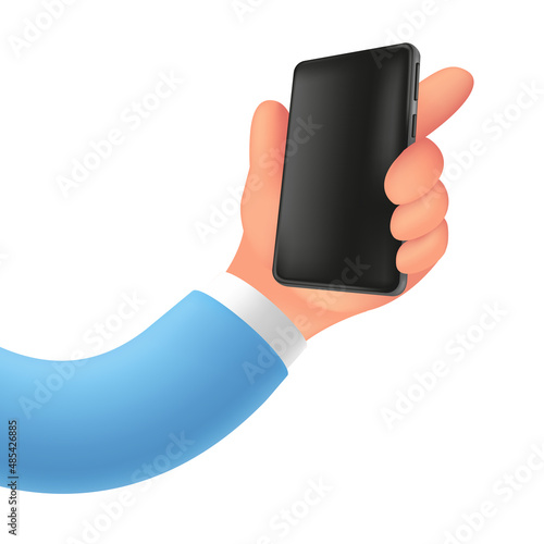 Elastic cartoon hand with a smartphone, 3D render. Funny character hand holding a mobile phone with an empty space on the device screen. Realistic vector icon template isolated on a white background