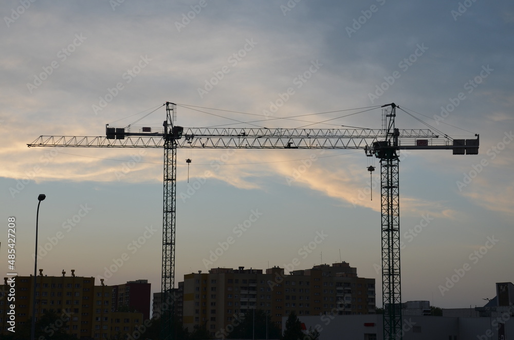 Construction machine. Construction Crane on a background of the sky. building.  Industrial construction cranes and building silhouettes 