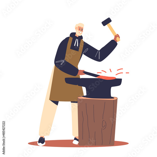Blacksmith with sledgehammer work in forge. Professional metalwork master hammer hot steel