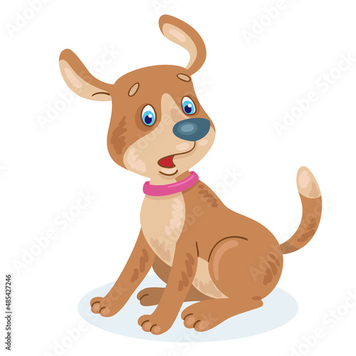 Funny brown surprised dog sits. In cartoon style. Isolated on white background. Vector flat illustration.