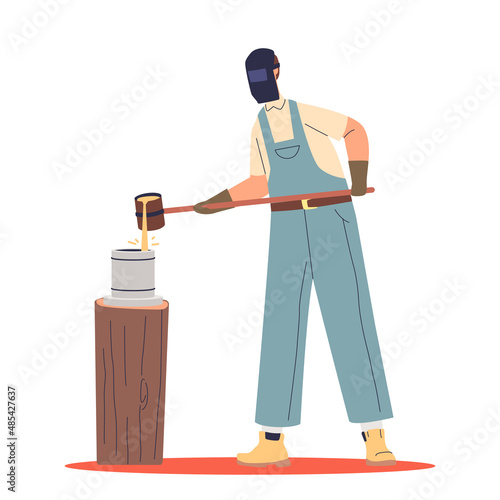 Blacksmith at work casting mold metal wearing protective uniform. Anvil worker male producing steel