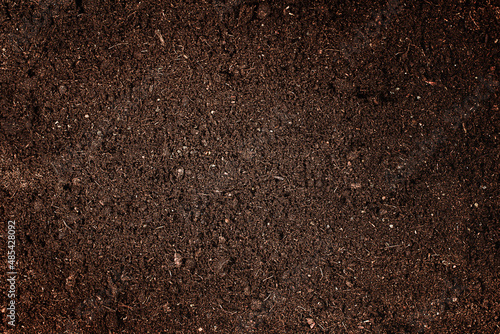 dark brown soil background, top view