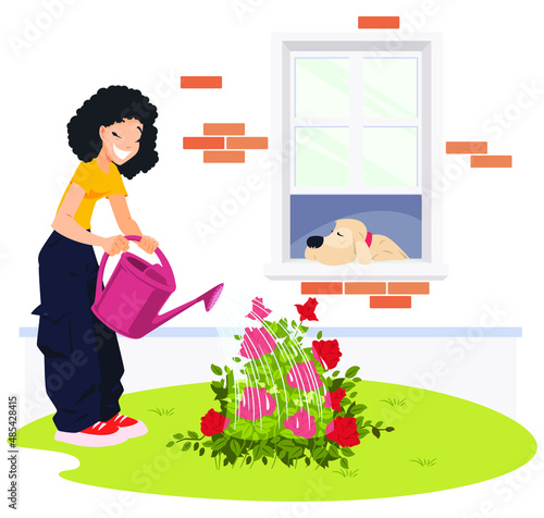 Girl watering flowers near house. Funny people. Illustration concept for website and mobile website development.