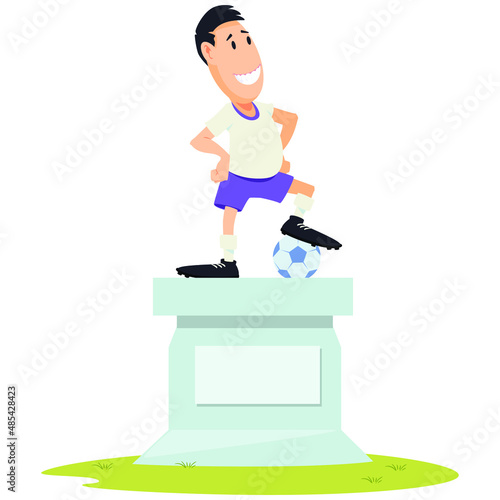 Proud soccer player on pedestal. Triumph of victory. Funny people. Illustration concept for website and mobile website development.