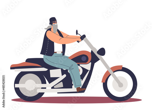 Biker riding big motorcycle. Man motorcyclist on motorbike wearing leather clothes