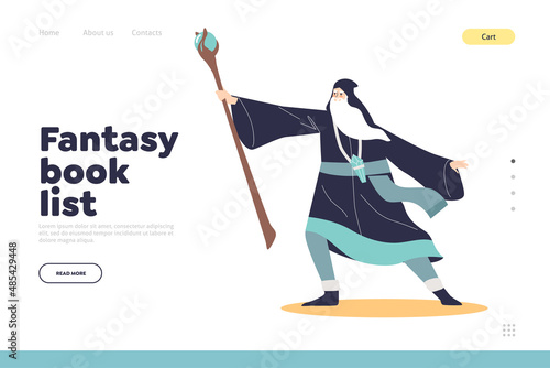 Fantasy book list concept of landing page with old wizard sorcerer with magic staff