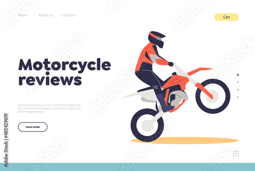 Motorcycle review concept of landing page with extreme man rising sport motorbike