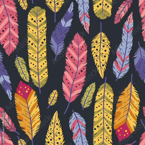 Seamless pattern of decorative colored animals tribal feathers. Decorative ethnic stylize feather ornamental indian aztec design, colored boho hippie birds. Rustic decorative feathers background.