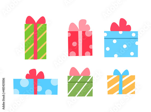 Gift box flat icons set on white background. Colorful present with ribbon and bow. Celebration festive holiday birthday party element design. Modern minimal prize package. Surprise vector illustration