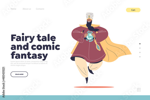 Fairy tale and comic fantasy concept of landing page with old wizard genie hold crystal ball