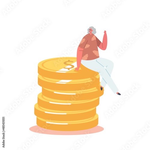Happy Senior Female Character Sitting on Huge Pile of Golden Coins. Concept of Financial Wealth, Investment Profit