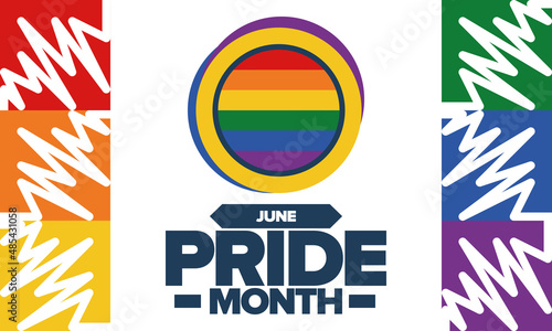 Pride Month in June. LGBT flag. Lesbian Gay Bisexual Transgender. Celebrated annual. Rainbow colours, love concept. Human rights and tolerance. Poster, banner and background. Vector illustration
