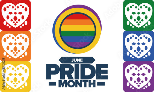 Pride Month in June. LGBT flag. Lesbian Gay Bisexual Transgender. Celebrated annual. Rainbow colours, love concept. Human rights and tolerance. Poster, banner and background. Vector illustration