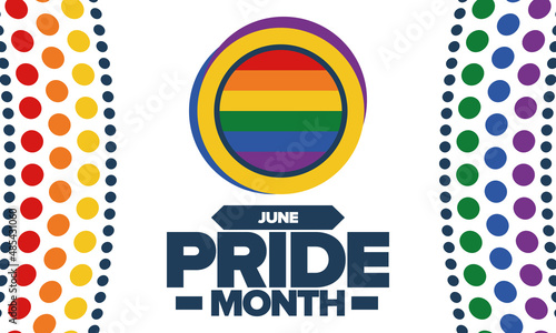 Pride Month in June. LGBT flag. Lesbian Gay Bisexual Transgender. Celebrated annual. Rainbow colours, love concept. Human rights and tolerance. Poster, banner and background. Vector illustration