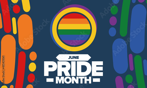 Pride Month in June. LGBT flag. Lesbian Gay Bisexual Transgender. Celebrated annual. Rainbow colours, love concept. Human rights and tolerance. Poster, banner and background. Vector illustration