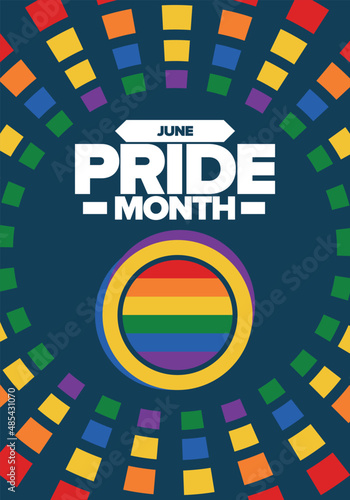 Pride Month in June. LGBT flag. Lesbian Gay Bisexual Transgender. Celebrated annual. Rainbow colours, love concept. Human rights and tolerance. Poster, banner and background. Vector illustration