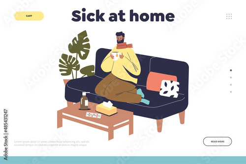 Sick at home concept of landing page with suffer from sore throat pain, cough and fever