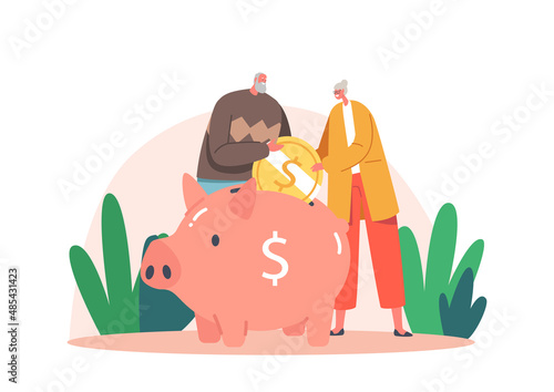 Pension Fund Savings, Elderly Man and Woman Characters Put Coin to Piggy Bank Rejoice to Get Superannuation