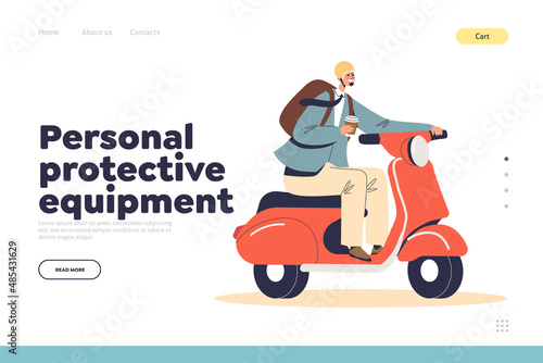 Personal protective equipment concept of landing page with man riding motorcycle