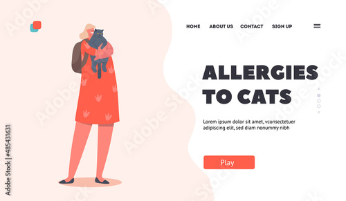 Allergies to Cats Landing Page Template. Girl Embrace Grumpy Cat, Child Character Cuddle with Home Pet, Kid Hold Kitten