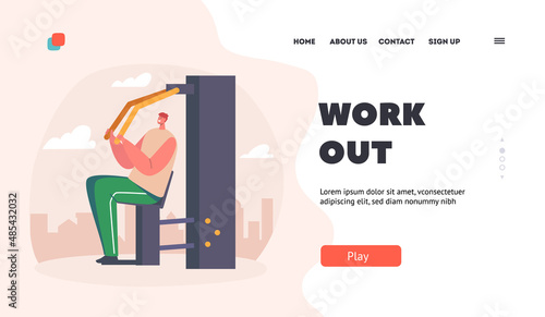 Male Character Fitness Workout, Sport Landing Page Template. Man Bodybuilder Pumping Muscles in House Yard