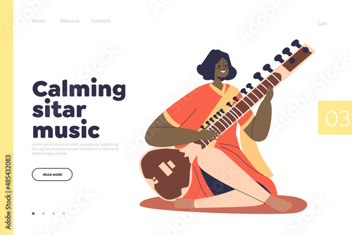 Calming sitar music concept of landing page with traditional indian folk artist musician