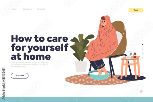 Care for ill at home concept of landing page with sick man with cold suffer from fever
