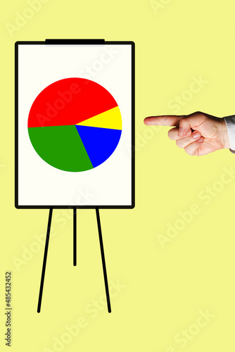 Businessman hand pointing at a flipchart with a diagram illustrating market share, sales volume by category, or showing contributing factors/composition of a certain business phenomenon.	 photo