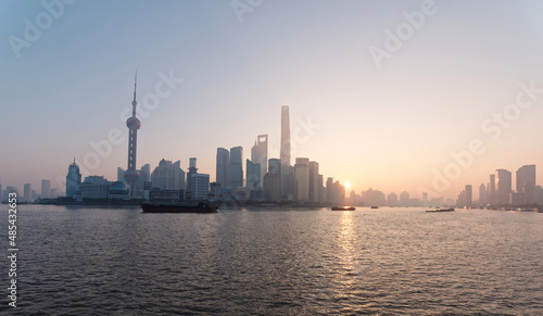 beautiful landscape of shanghai bund in the twilight, including many famous landmarks in Lujiazui Pudong Shanghai.