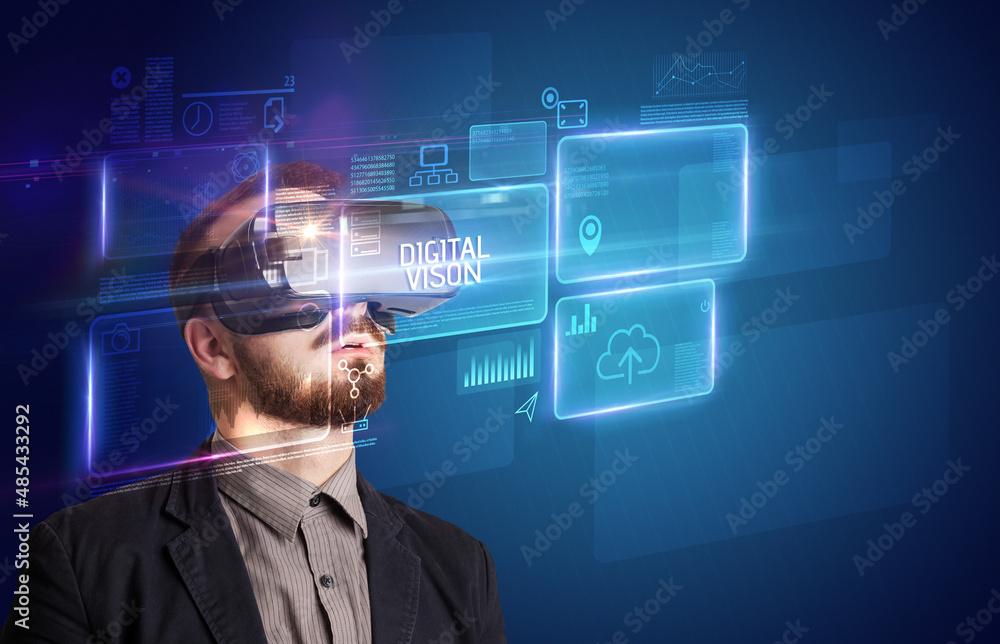 Businessman looking through Virtual Reality glasses, tech concept Businessman looking through Virtual Reality glasses, tech concept