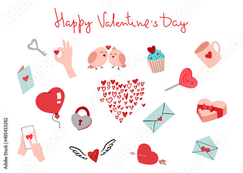 Set of valentines day stuff, color vector illustration in doodle style