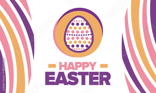 Happy Easter in April. Christian spring holiday in honor of the resurrection of Christ. Biblical history. Traditional dyeing eggs with patterns, fun game for children searching for easter eggs. Vector