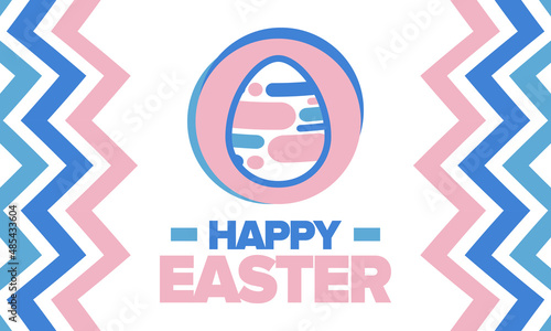 Happy Easter in April. Christian spring holiday in honor of the resurrection of Christ. Biblical history. Traditional dyeing eggs with patterns, fun game for children searching for easter eggs. Vector