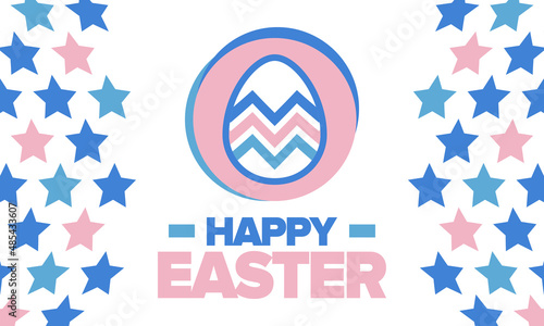 Happy Easter in April. Christian spring holiday in honor of the resurrection of Christ. Biblical history. Traditional dyeing eggs with patterns, fun game for children searching for easter eggs. Vector
