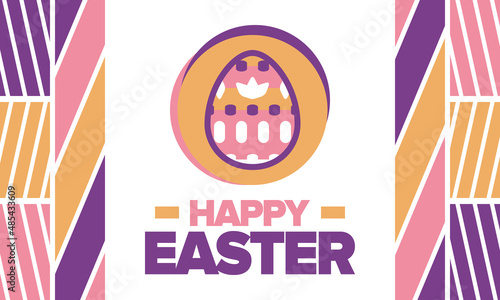 Happy Easter in April. Christian spring holiday in honor of the resurrection of Christ. Biblical history. Traditional dyeing eggs with patterns, fun game for children searching for easter eggs. Vector